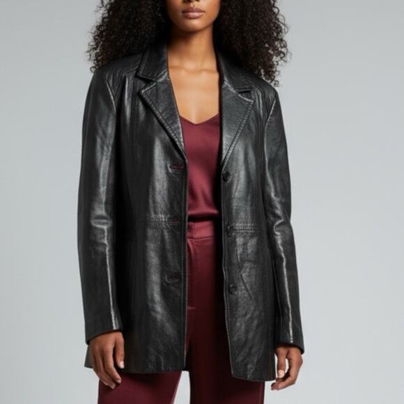 Wilson’s Leather Black Genuine Leather Blazer Jacket Womens M Boxy Vintage Style - Picture 1 of 13